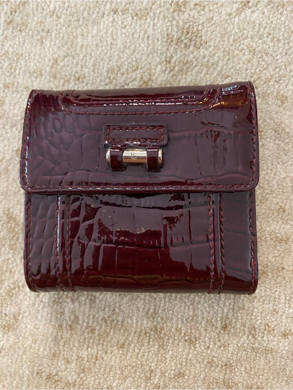Liz Claiborne Burgundy Patent Croc-Embossed Compact Wallet